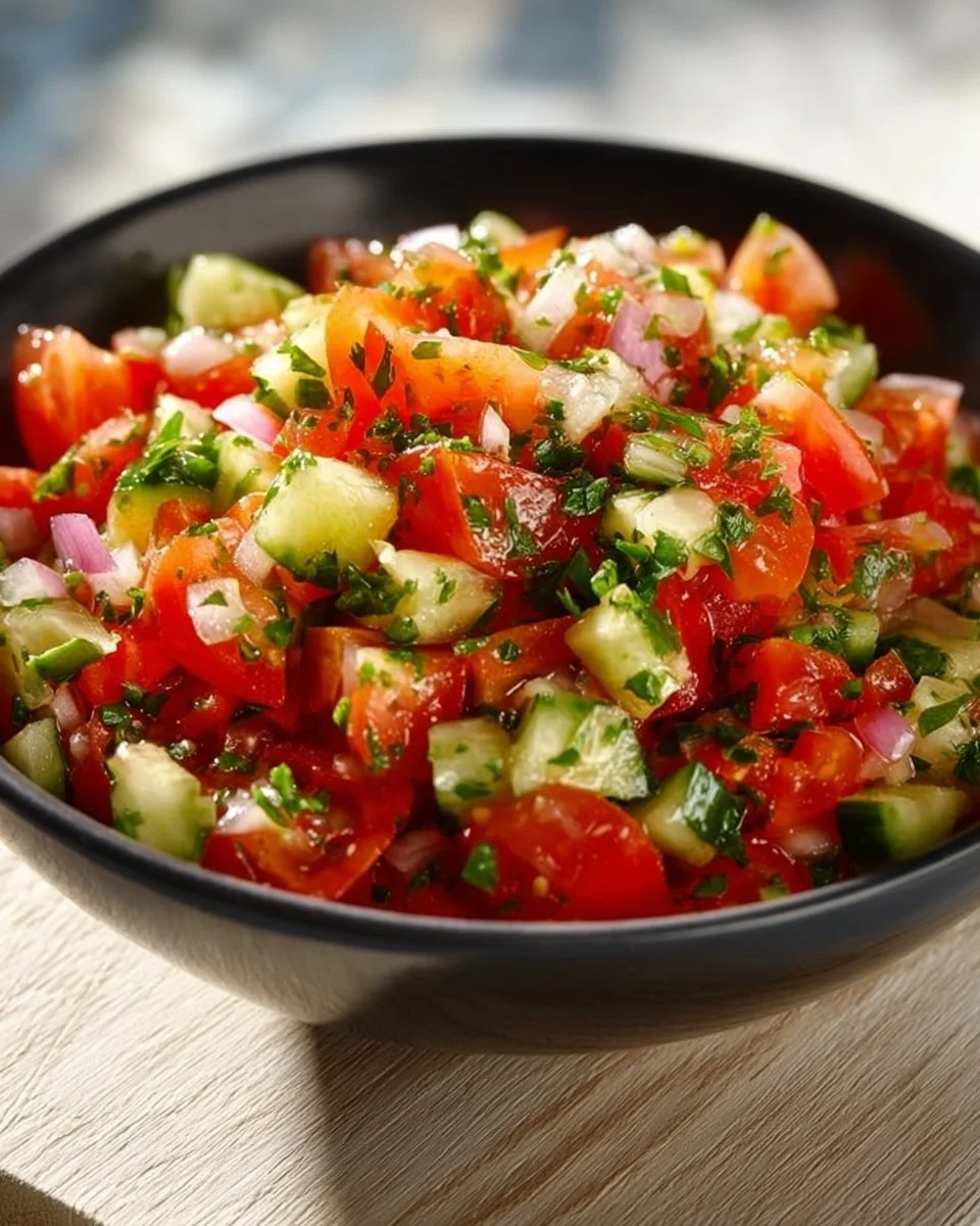 Ein erfrischender Tomaten Gurken Salat in einer bunten Schüssel.