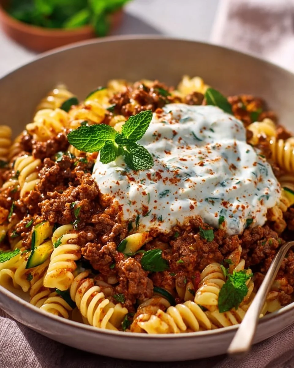 Türkische Pasta mit Hackfleisch und Joghurt-Sauce auf einem Teller angerichtet.