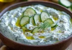 Schüssel mit frischem Tzatziki, dem klassischen griechischen Joghurt-Dip aus Kreta.