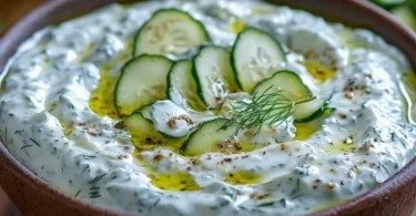Schüssel mit frischem Tzatziki, dem klassischen griechischen Joghurt-Dip aus Kreta.