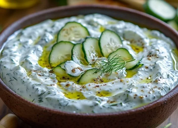 Schüssel mit frischem Tzatziki, dem klassischen griechischen Joghurt-Dip aus Kreta.