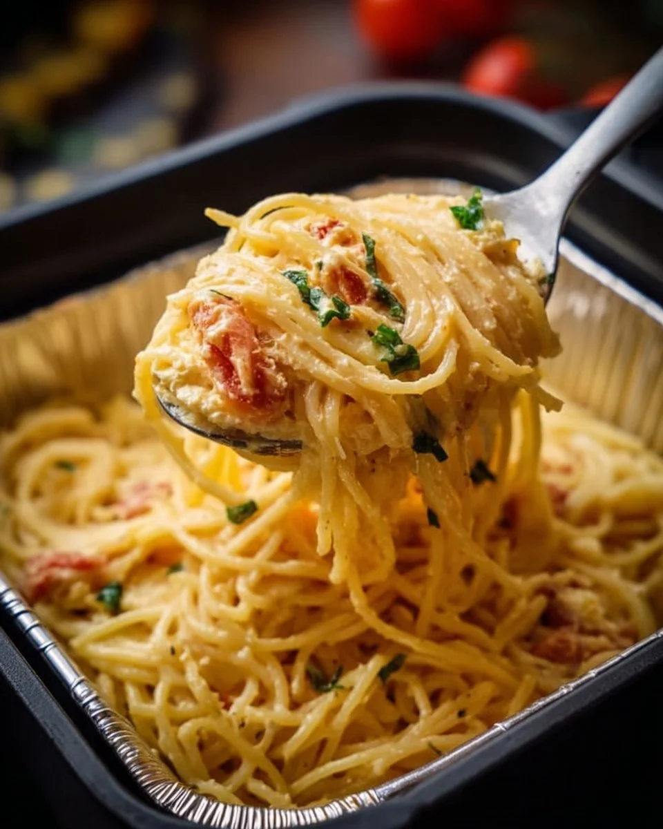 Überbackene Feta-Pasta mit frischen Zutaten im Ofen gebacken