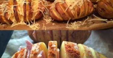Überbackene Kartoffeln mit Carbonara-Sauce auf einem Teller