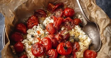 Überbackener Feta mit Tomaten und Zwiebeln im Airfryer zubereitet