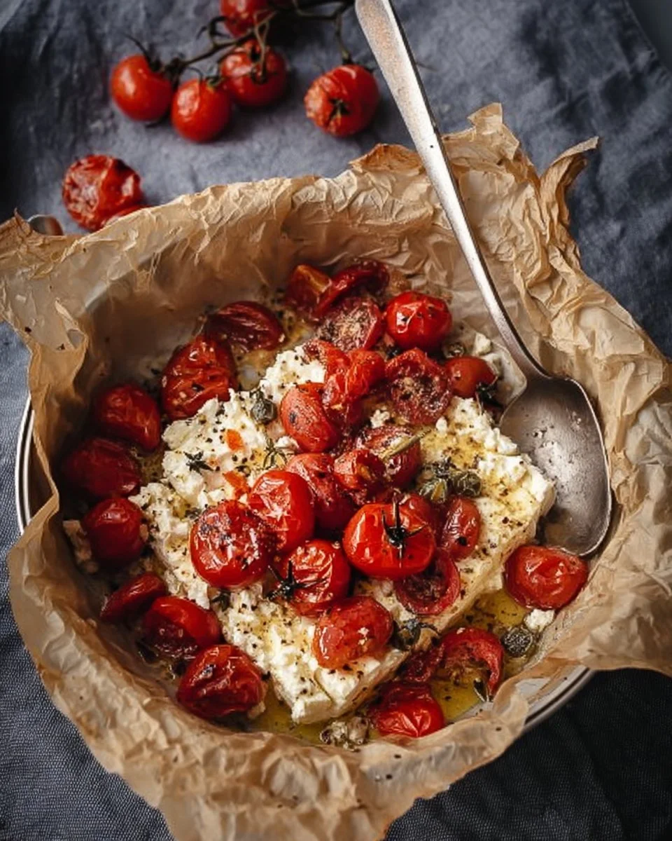 Überbackener Feta mit Tomaten und Zwiebeln im Airfryer zubereitet