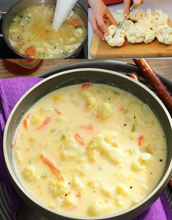 Ultracremige Blumenkohlsuppe in einer Schüssel, garniert mit frischen Kräutern