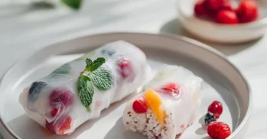 Vegane süße Sommerrollen gefüllt mit Kokosreis, gesund und erfrischend.