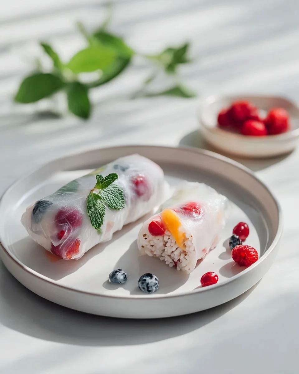 Vegane süße Sommerrollen gefüllt mit Kokosreis, gesund und erfrischend.