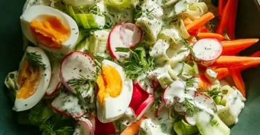Vegetarischer Frühlingssalat mit frischem Gemüse und Aromen des Frühlings.