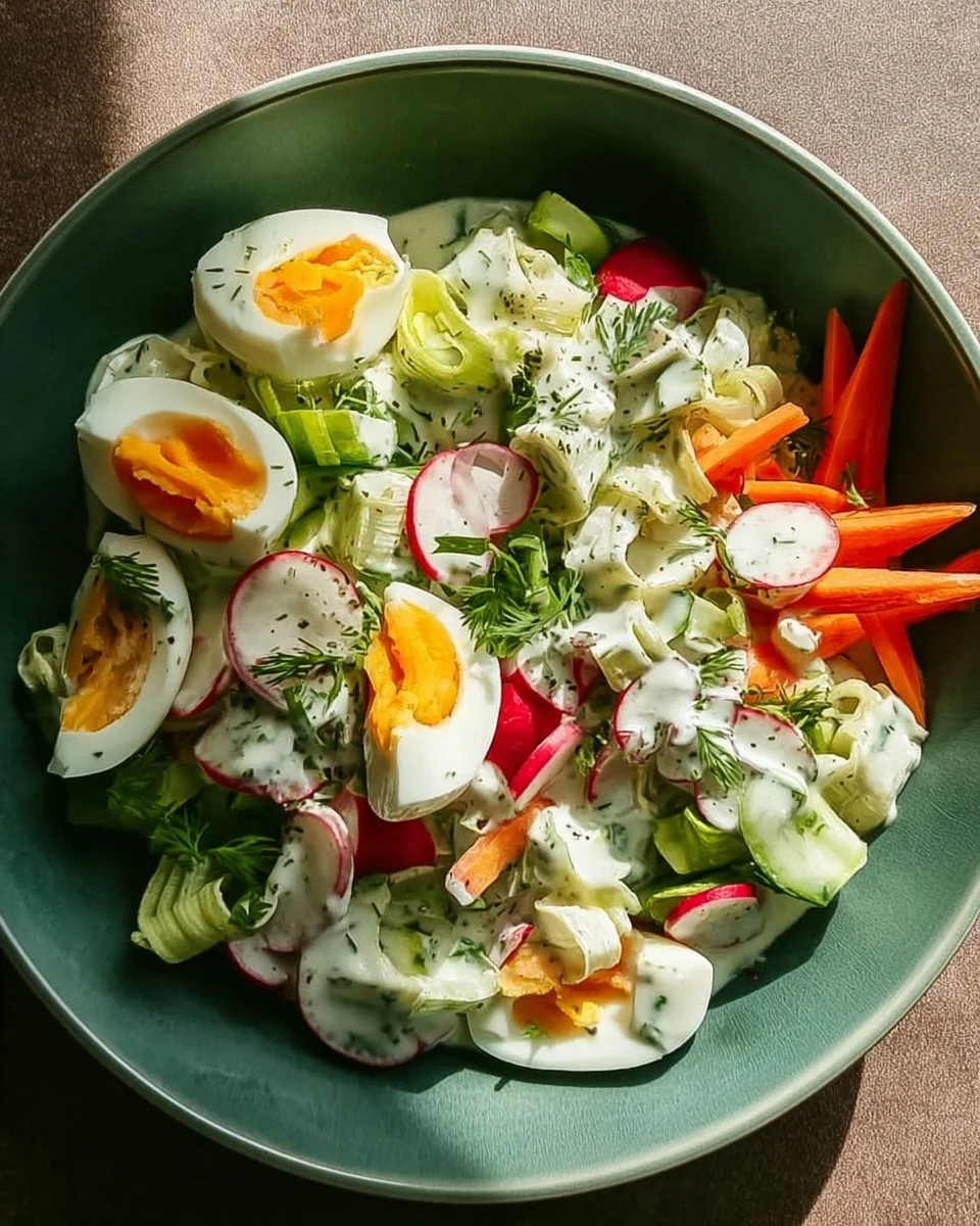 Vegetarischer Frühlingssalat mit frischem Gemüse und Aromen des Frühlings.