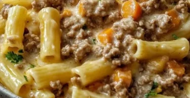 Schüssel mit weißer Bolognese, serviert mit frischen Kräutern.