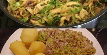 Wirsingkohle mit Hackfleisch in einer Pfanne zubereitet