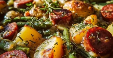 Wurst Bohne Kartoffel Auflauf in einer Auflaufform, frisch gebacken und golden überbacken.