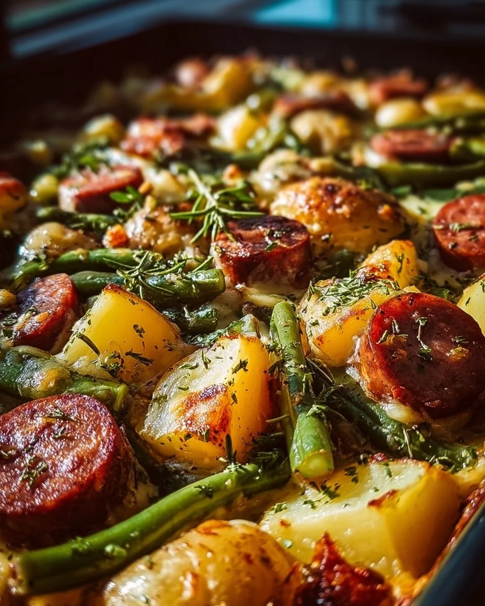 Wurst Bohne Kartoffel Auflauf in einer Auflaufform, frisch gebacken und golden überbacken.