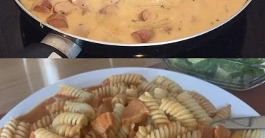Wurst Senf Gulasch mit Penne auf einem Teller serviert