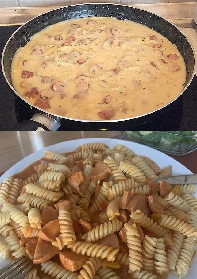Wurst Senf Gulasch mit Penne auf einem Teller serviert