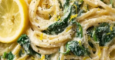 Zitronen-Ricotta-Pasta mit frischem Spinat auf einem Teller serviert.