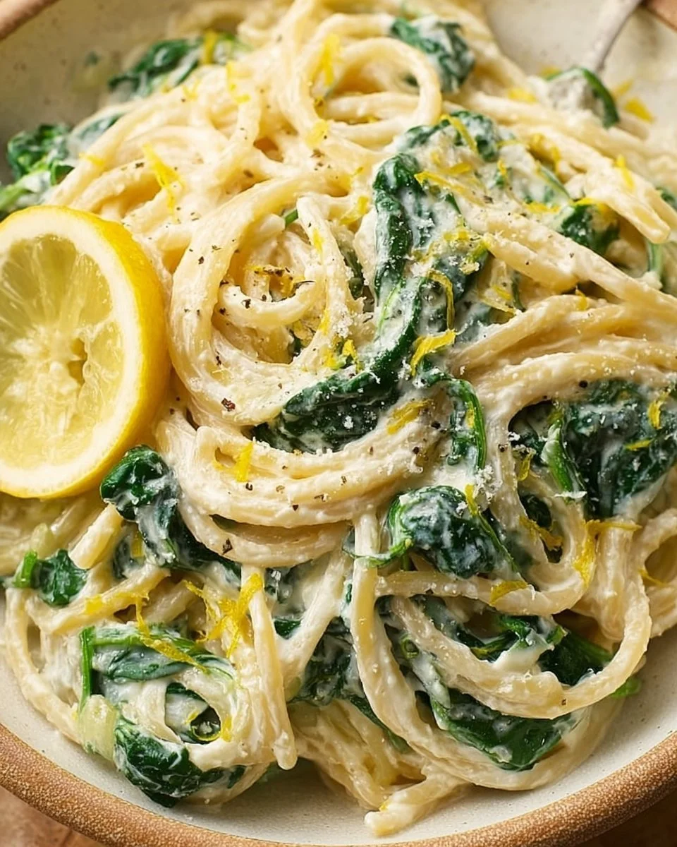 Zitronen-Ricotta-Pasta mit frischem Spinat auf einem Teller serviert.