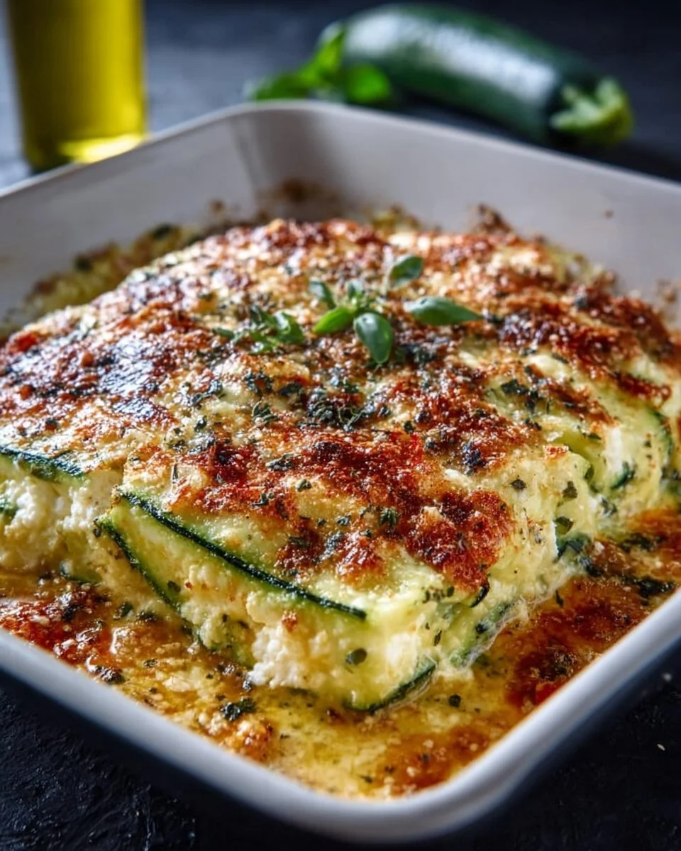 Zucchini-Hüttenkäse-Auflauf frisch aus dem Ofen