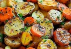 Zucchini-Pfanne mit Kartoffeln auf einem Teller serviert