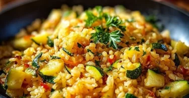 Leckere Zucchini-Reis-Pfanne mit frischem Gemüse und Gewürzen