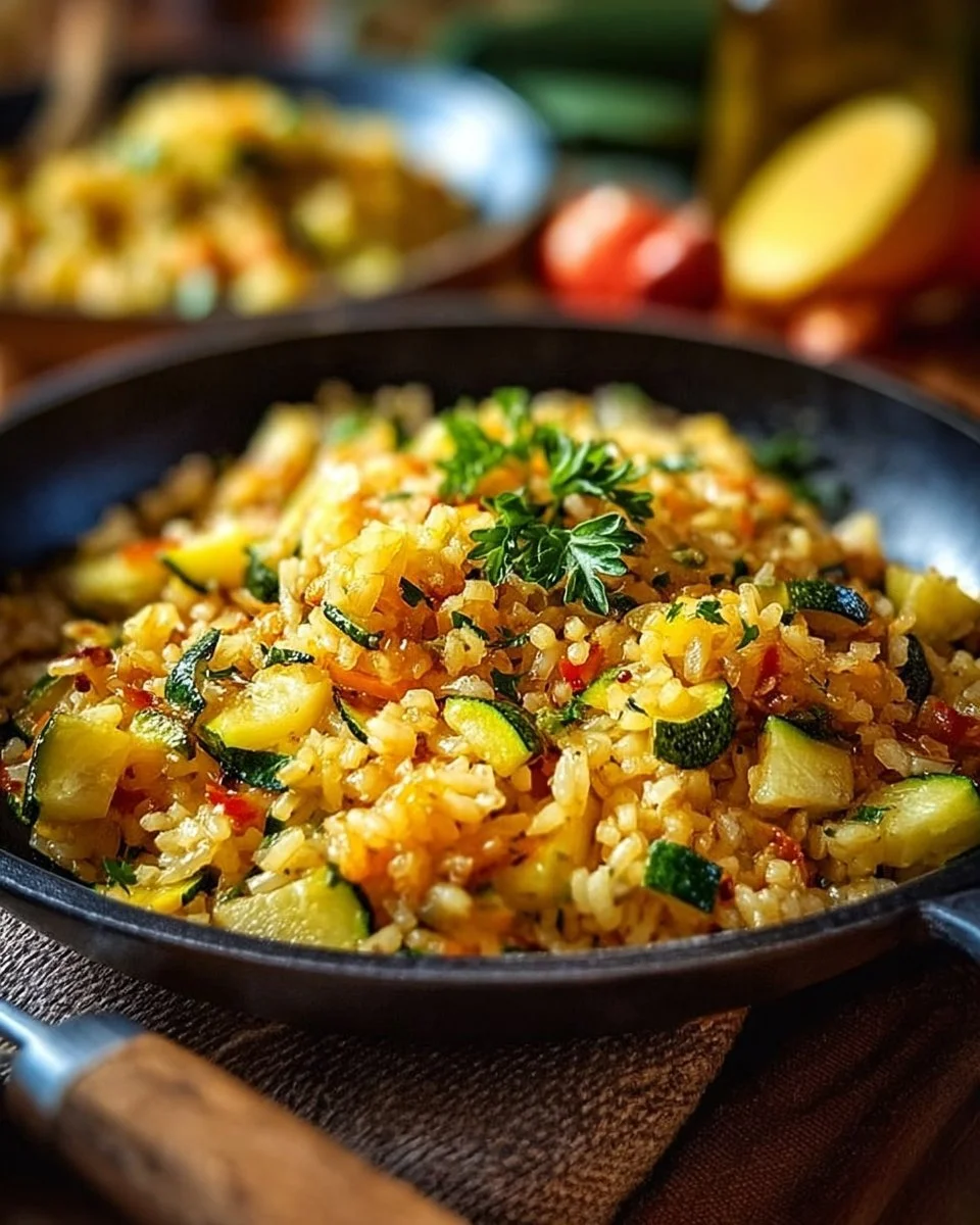 Leckere Zucchini-Reis-Pfanne mit frischem Gemüse und Gewürzen