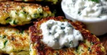 Zucchinipuffer mit Feta und Tzatziki auf einem Teller serviert.