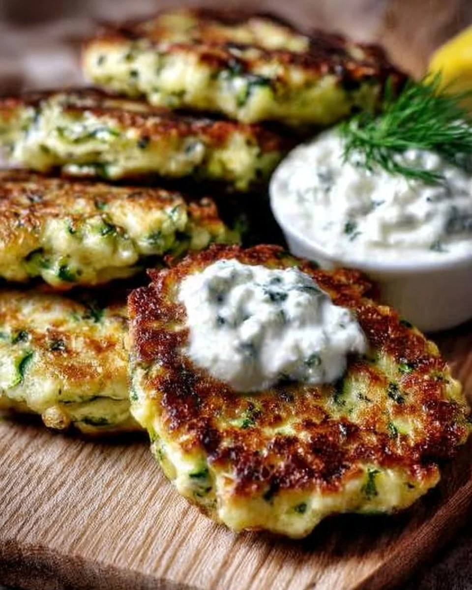 Zucchinipuffer mit Feta und Tzatziki auf einem Teller serviert.