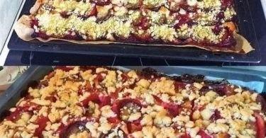 Zwei Stücke frisch gebackener Zwetschgenkuchen mit Pflaumen und Streuseln