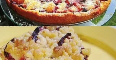 Köstlicher Zwetschgenkuchen mit Zimtstreuseln auf einem Teller