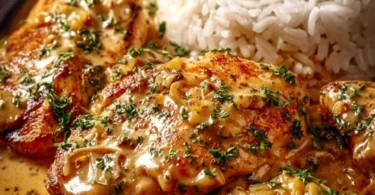 Zwiebel-Sahne-Hähnchen in einer Pfanne mit frischen Zwiebeln und Sahne.