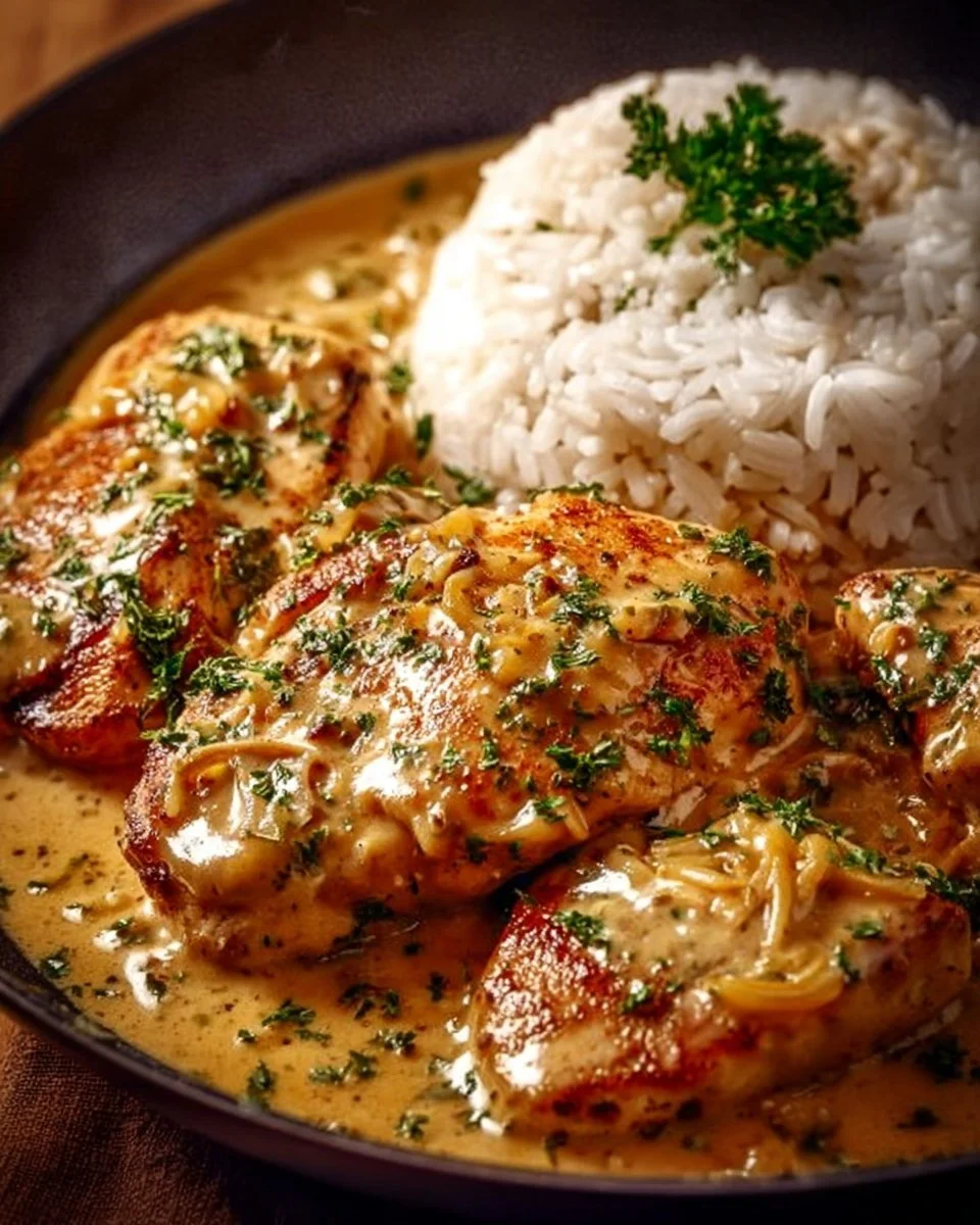 Zwiebel-Sahne-Hähnchen in einer Pfanne mit frischen Zwiebeln und Sahne.