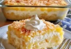 Ananas-Kokos-Traumkuchen auf einem Teller, dekoriert mit frischem Obst.