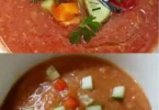 Ein köstlicher Andalusischer Gazpacho in einer Schale, garniert mit frischem Gemüse.