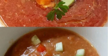 Ein köstlicher Andalusischer Gazpacho in einer Schale, garniert mit frischem Gemüse.