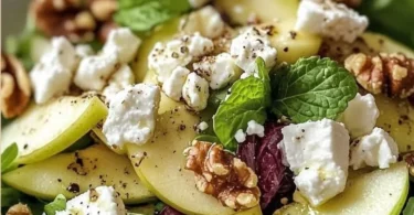 Leckerer Apfel-Walnuss-Feta-Salat mit frischen Zutaten auf einem Teller.