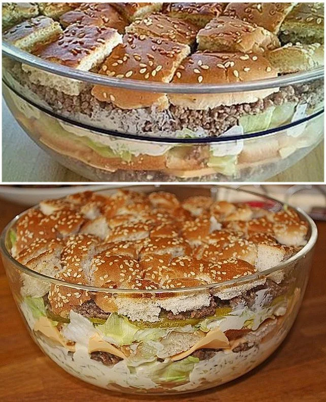 Big Mac Schichtsalat in einer eleganten Präsentation auf einem Teller