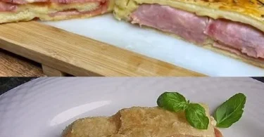 Blätterteigstrudel mit Schinken und Käse auf einem Teller