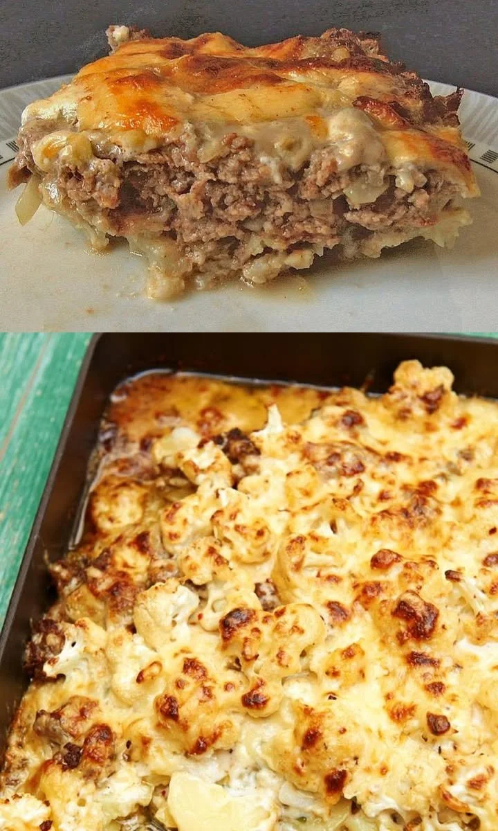 Gericht aus Blumenkohl mit Hackfleisch, frisch gebacken in einer Auflaufform