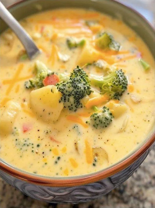 Cremige Brokkoli-Käsesuppe in einer Schüssel mit frischem Brot
