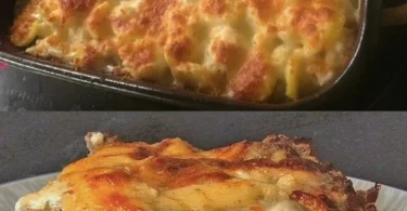 Leckeres Cauliflower Auflauf mit Hackfleisch auf dem Tisch serviert