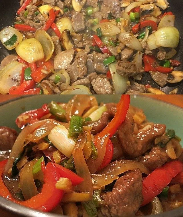 Chinesisches Rindfleisch mit Zwiebeln und Paprika