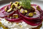 Cremiger geschlagener Feta mit bunten marinierten Rote Bete auf einem Teller