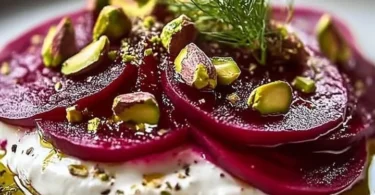 Cremiger geschlagener Feta mit bunten marinierten Rote Bete auf einem Teller