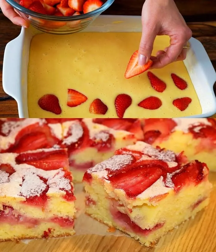 Saftiger Erdbeer-Bananen-Kuchen mit frischen Erdbeeren und Bananen