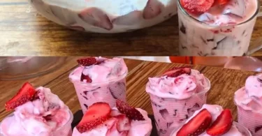 Erdbeer-Dessert mit Joghurt in einer Schüssel dekoriert mit frischen Erdbeeren