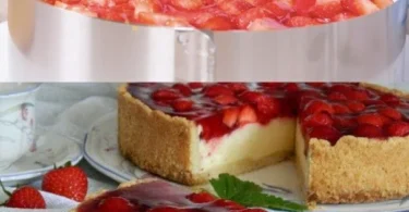 Erdbeer-Käsekuchen ohne Backen auf einem Teller mit frischen Erdbeeren