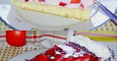 Erdbeer Quark Torte mit frischen Erdbeeren und Quarkfüllung auf einem Tortenboden