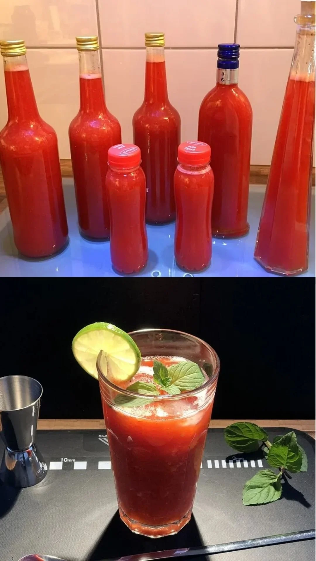 Erfrischende Erdbeerlimonade in einem Glas mit frischen Erdbeeren und Minze
