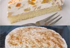 Fanta Kuchen mit Pfirsichen auf einem Teller serviert